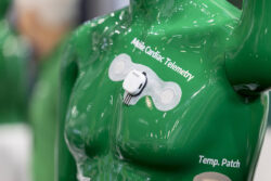 The chest of a green mannequin, with two wearables attached to it
