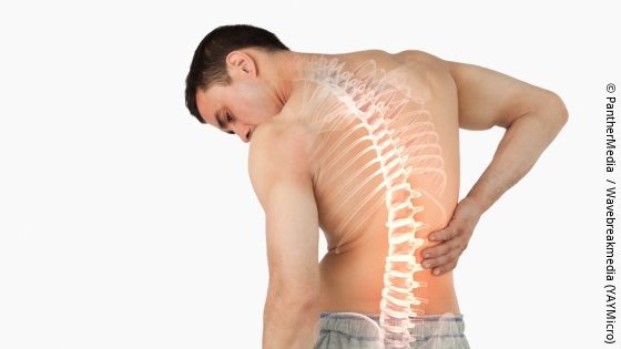 Image: A man holding his back with a visualized spine; Copyright: PantherMedia/Wavebreakmedia