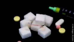 Image: The background is black and in the foreground, there are some sugar tubes and pastilles. Furthermore, there is the almost transparent organ-on-chip; Copyright: Silke Riegger, 3R-Center 