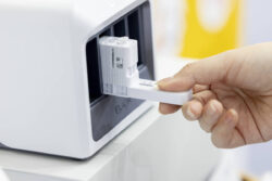 A person inserts a test cartridge into a point-of-care diagnostic device