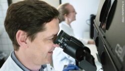 Image: A man in a white lab coat looks through a microscope; Copyright: Fraunhofer ITEM