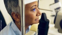 Image: Eye test, machine and a woman for optometric assistance, retinal scanning or optical surgery in a clinic.; Copyright: YuriArcursPeopleimages