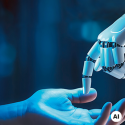Banner graphic for MEDICA 2026: A robotic hand touches a human hand; AI-generated