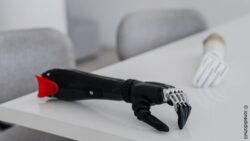 Image: Biomechanical carbon hand prosthesis for disabled people on the table in the office, another white prosthesis in the background; Copyright: ionadidishvili 