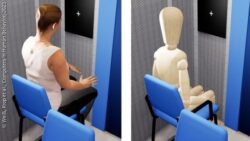 Image: Shows two side-by-side virtual scenes depicting a simulated experimental setup; Copyright: White, Krop et al, Computers in Human Behaviour, 2025
